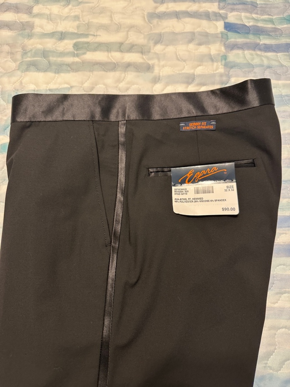 NWT Egara Black Skinny Fit Tuxedo Pants with Satin Trim 32W x 32L